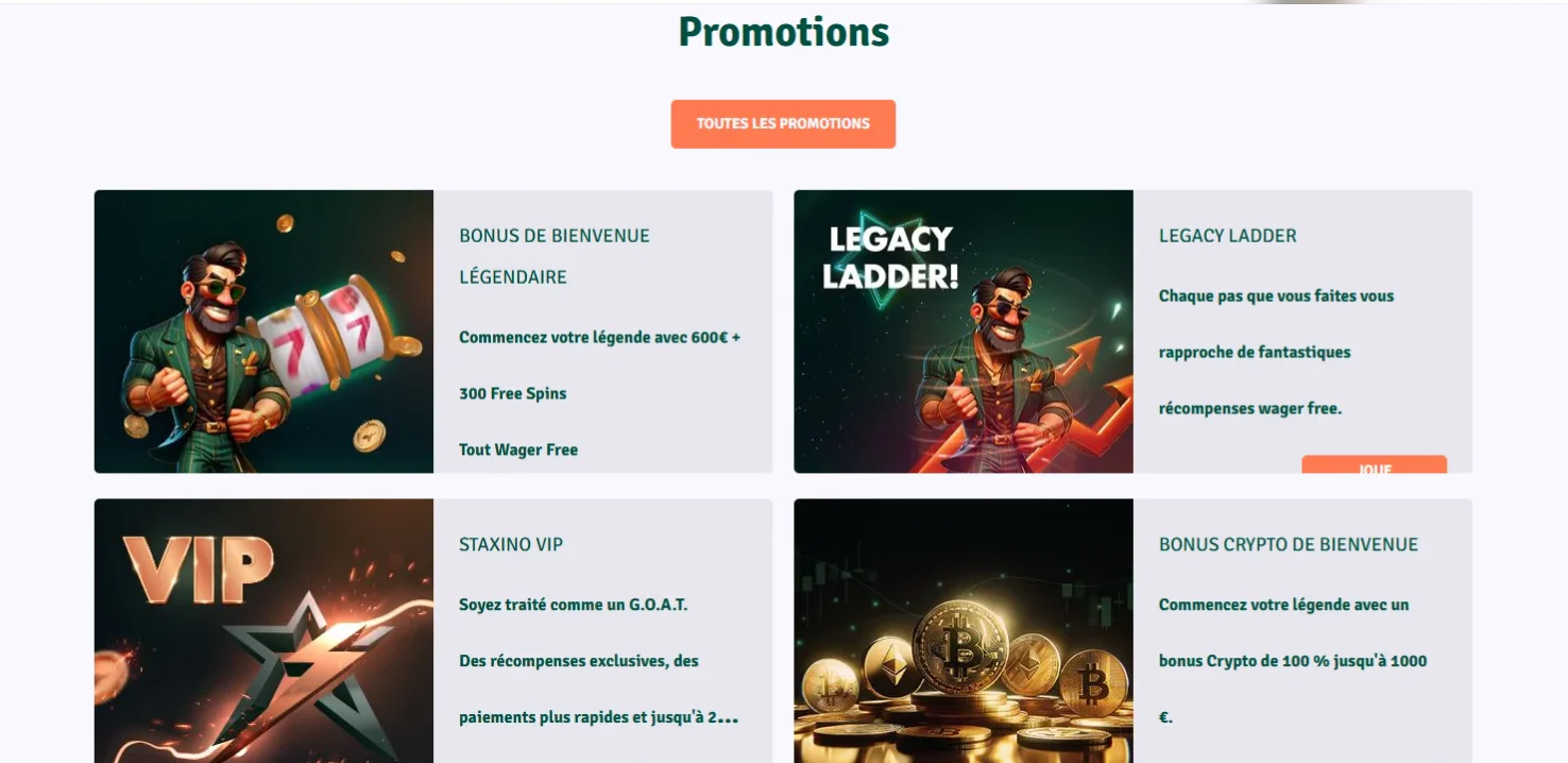 Staxino Casino promotions avec bonus de bienvenue, Legacy Ladder, VIP et bonus crypto